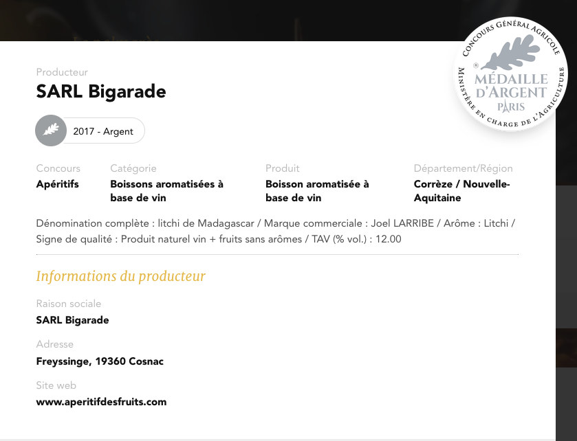 Médaille d'argent 2017 pour l'apéritif au litchi